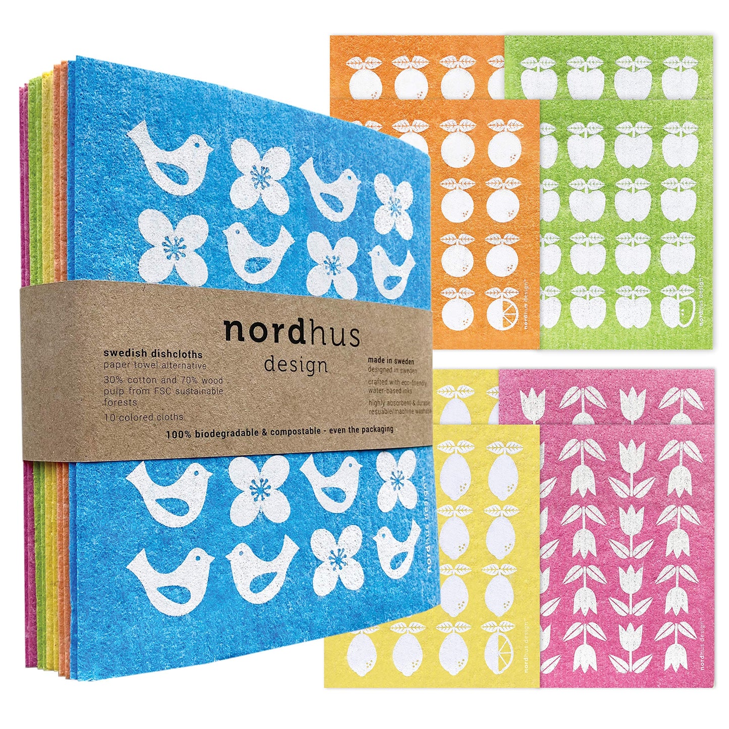 Nordhus Design Swedish Dishcloths for Kitchen, 10 Cloths, Made in Sweden - Reusable, Washable Cellulose Cotton Kitchen Cloths - Replace Paper Towels, Wipes, Sponges, Dish Rags