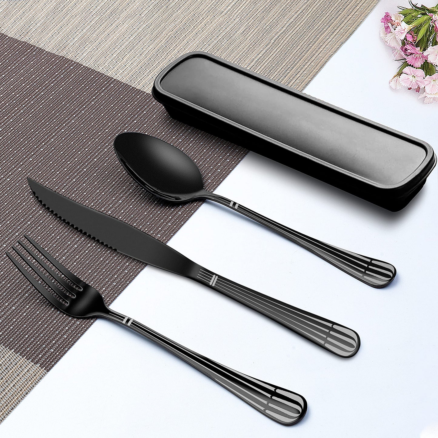 Portable Travel Utensils Set, 18/8 Stainless Steel 3 PCS Cutlery Set Including Knife Fork and Spoon, Reusable Travel Silverware Set with Case for Lunch Box Camping School Office