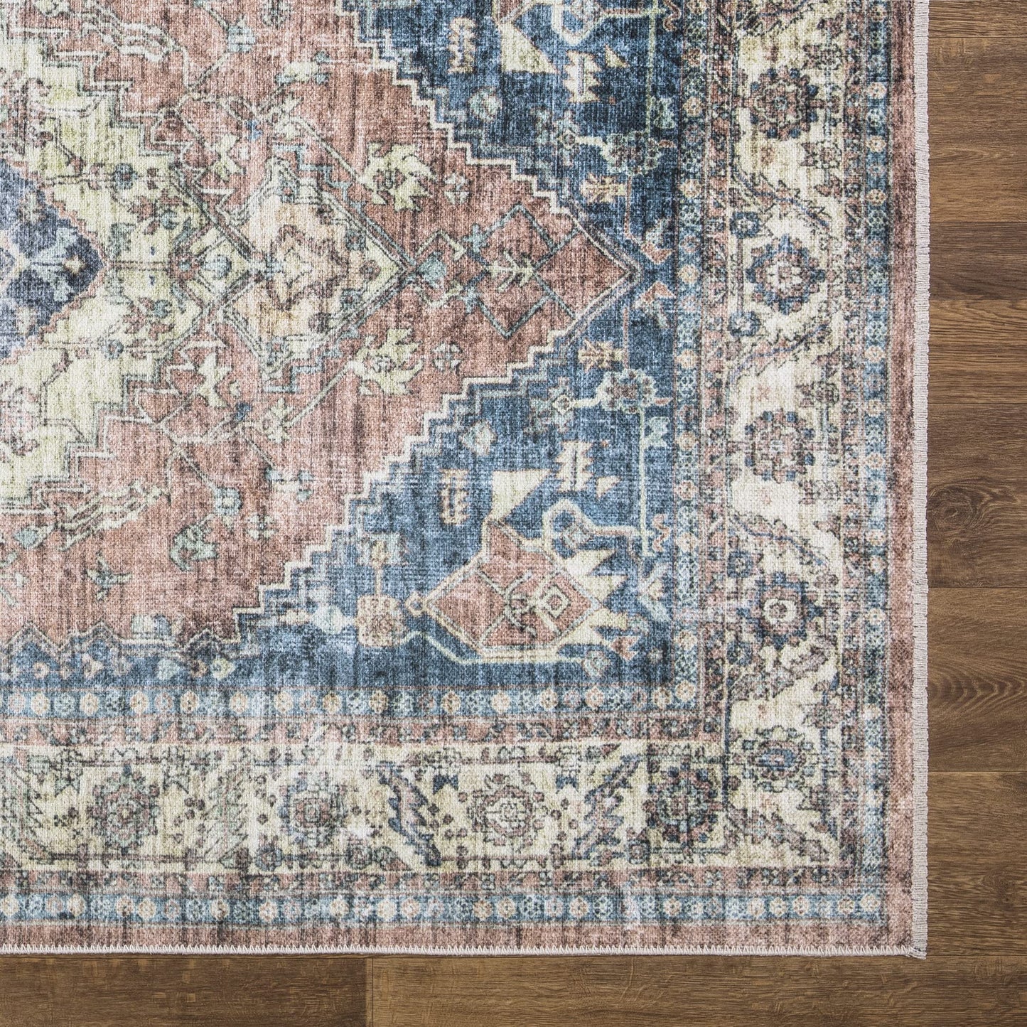 Bloom Rugs Caria, waschbarer, rutschfester Teppich, 4 x 6 Zoll, blauer traditioneller Teppich für Wohnzimmer, Schlafzimmer, Esszimmer und Küche, genaue Größe: 4 x 6 Fuß 