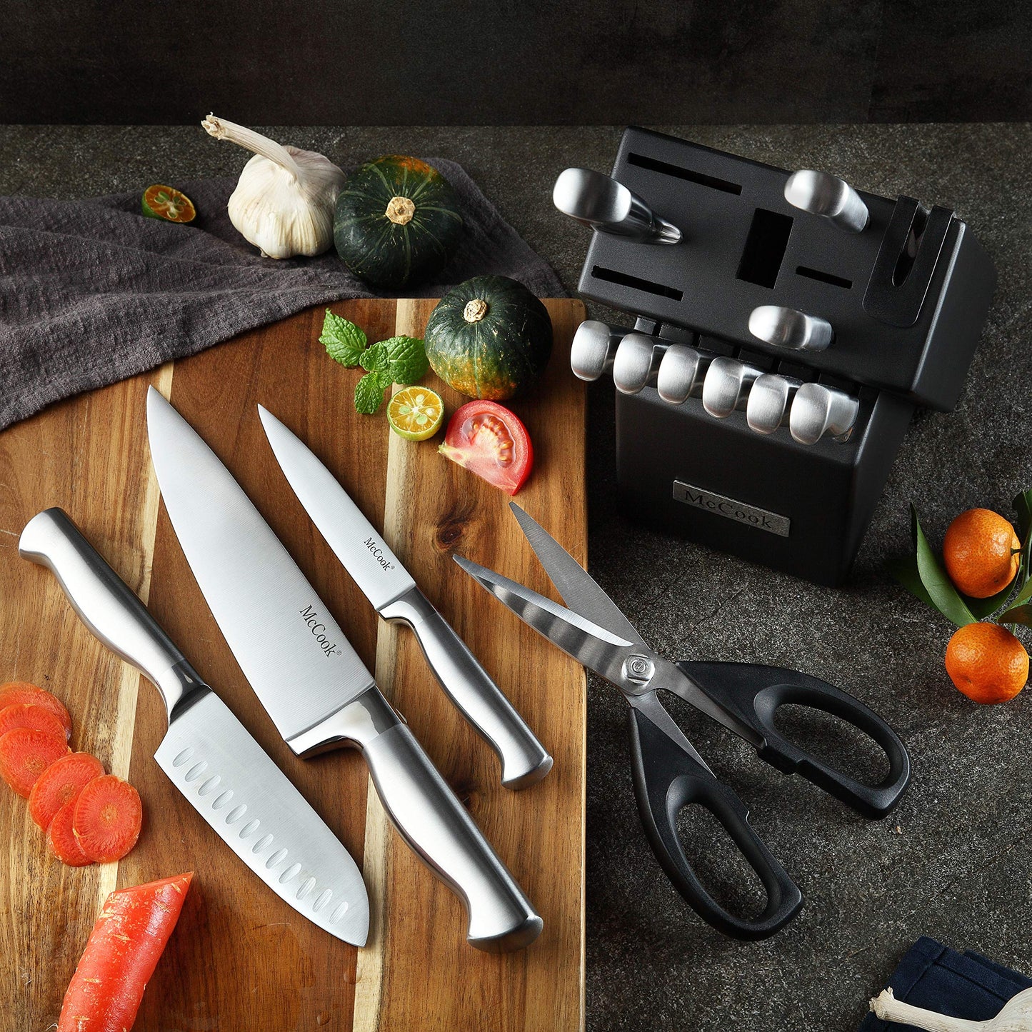 McCook® Knife Sets, Golden Titanium Stainless Steel Kitchen Knife Block Sets with Built-in Sharpener