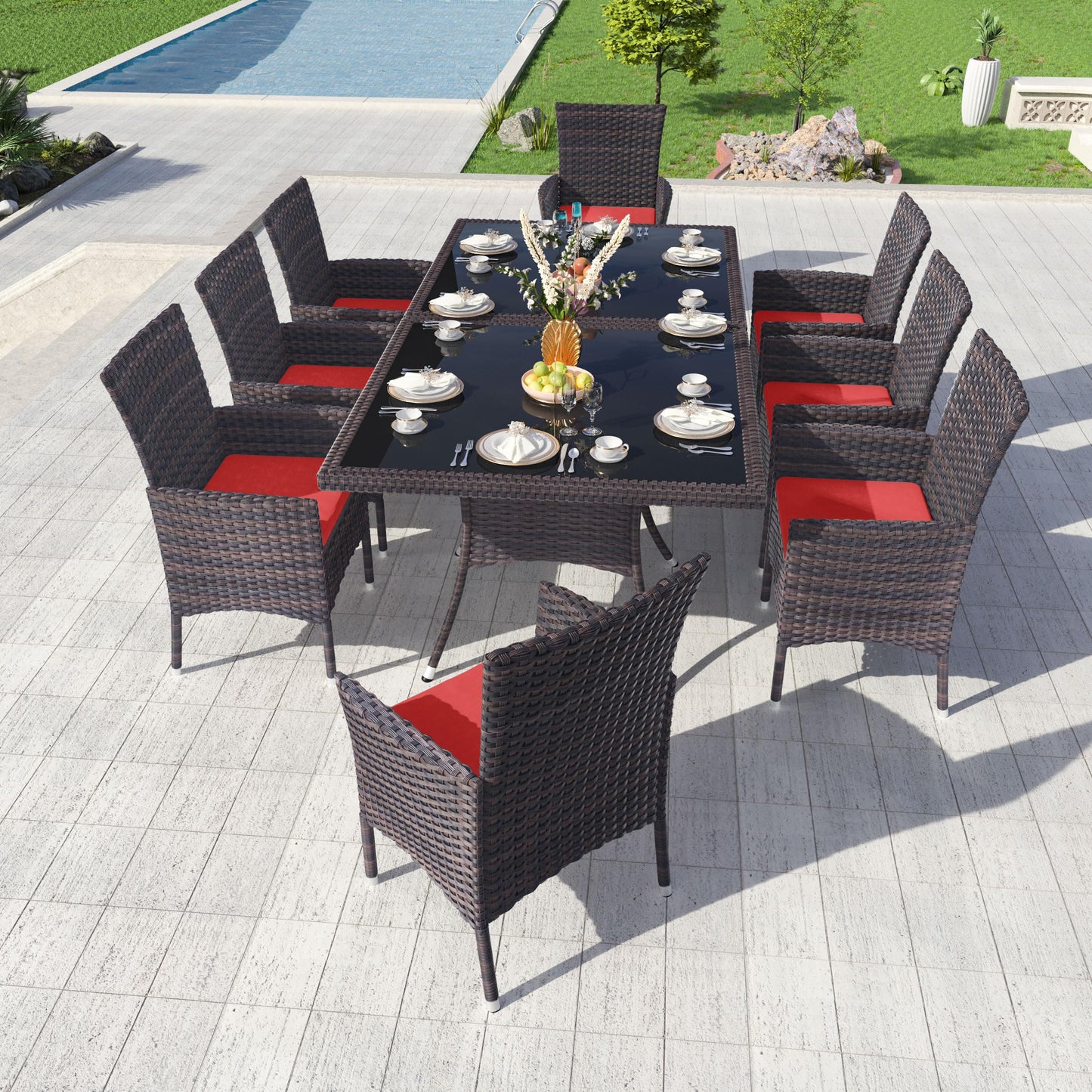 Kullavik 15-Piece Outdoor Dining Set Patio Rattan Furniture Set,Patio Dining Table and Chairs Set with 12 Chairs and Cushions,Square Glass Tabletop with Umbrella Hole for Patio,Backyard,Garden,Red