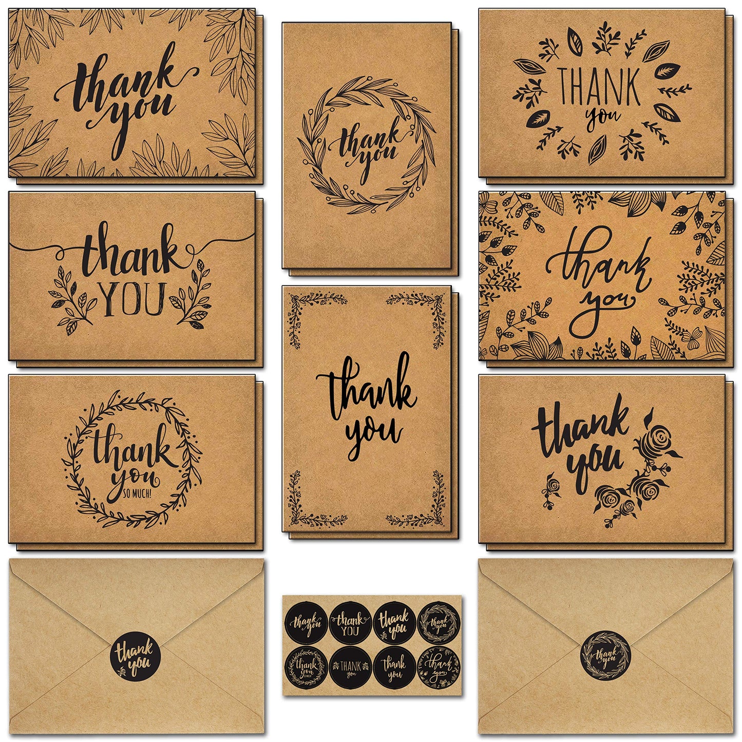 Thank You Cards With Envelopes - 160 Sets Premium Kraft Thank You Cards Bulk - Thank You Notes with 8 Graceful Designs - Floral Thank You Card for Celebration, Wedding, Baby & Bridal Shower 4x6