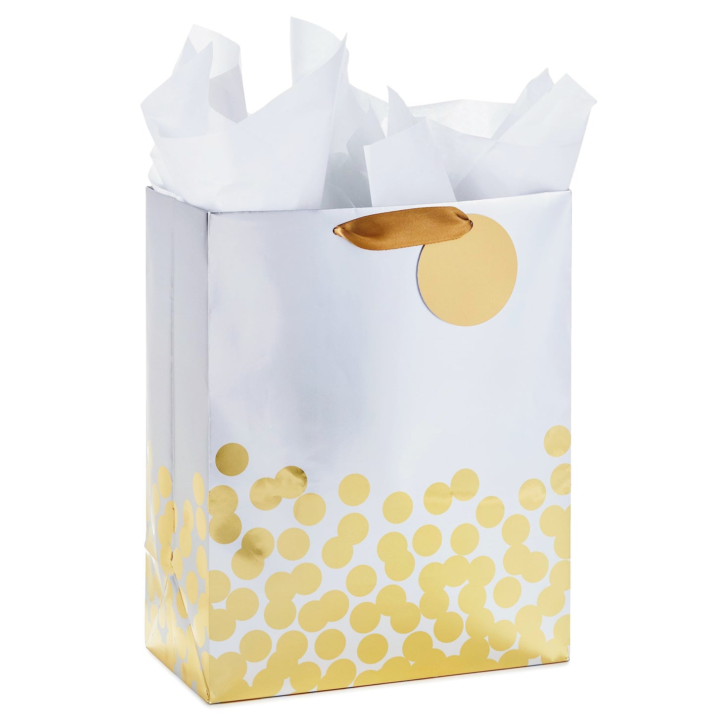 Hallmark 17" Extra Large Gift Bag with Tissue Paper (White with Gold Polka Dots) for Christmas, Hanukkah, Weddings, Engagements, Bridal Showers, Graduations, Retirements, Birthdays, Valentine's Day