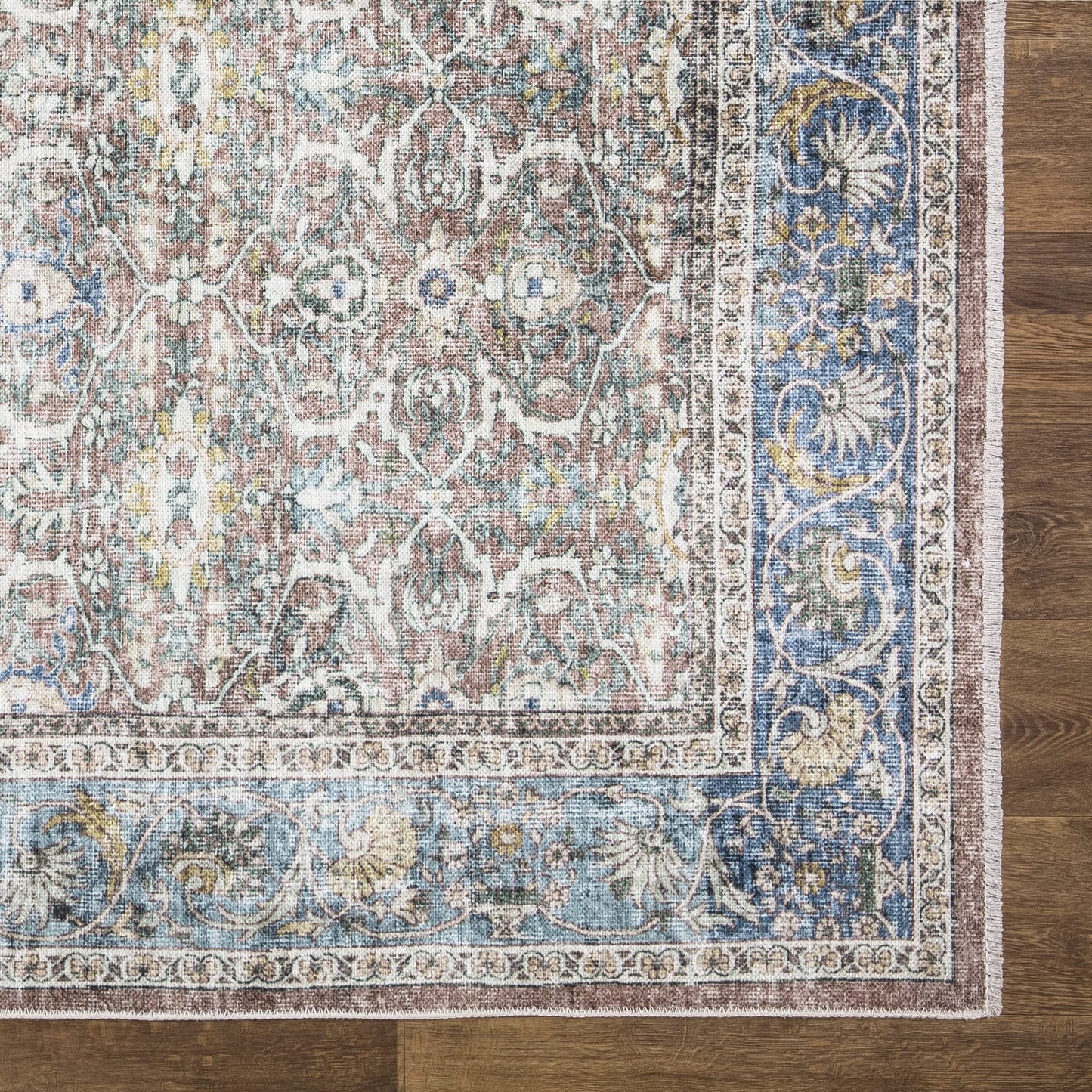 Bloom Rugs Caria, waschbarer, rutschfester Teppich, 4 x 6 Zoll, blauer traditioneller Teppich für Wohnzimmer, Schlafzimmer, Esszimmer und Küche, genaue Größe: 4 x 6 Fuß 