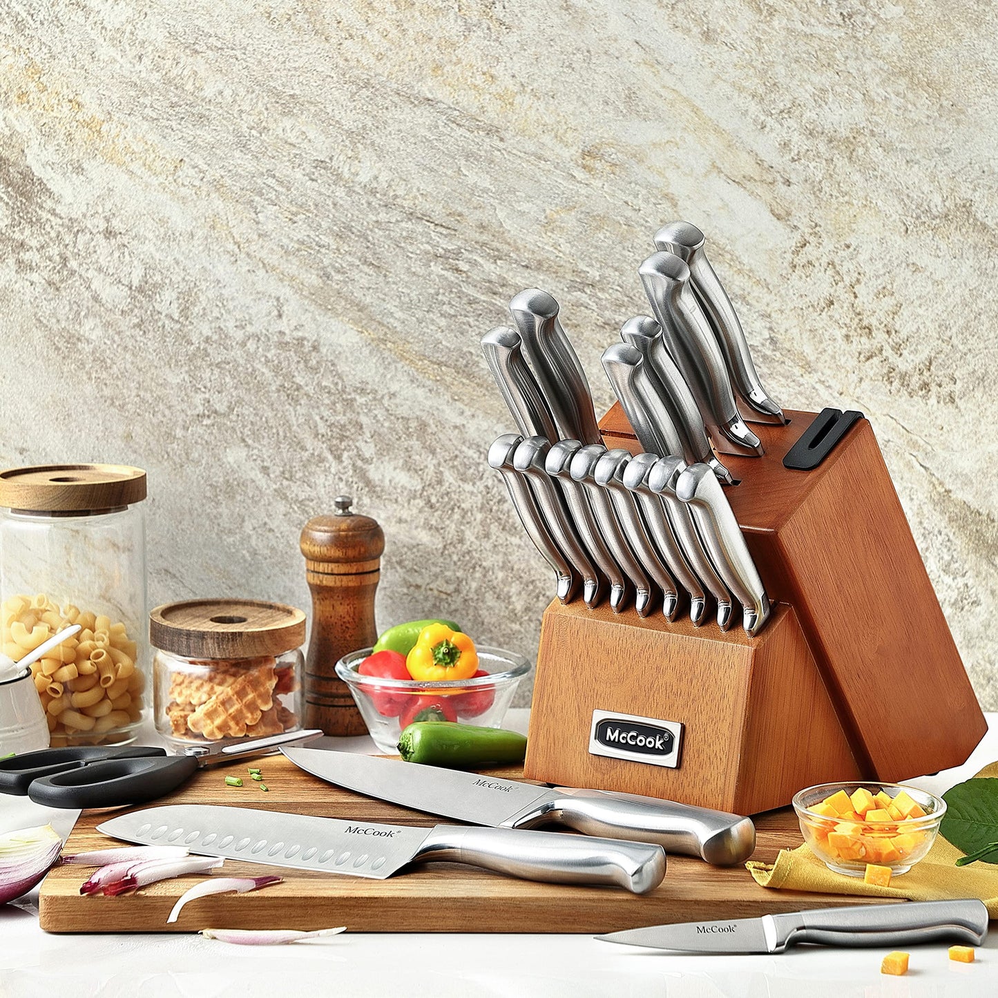 McCook® Knife Sets, Golden Titanium Stainless Steel Kitchen Knife Block Sets with Built-in Sharpener