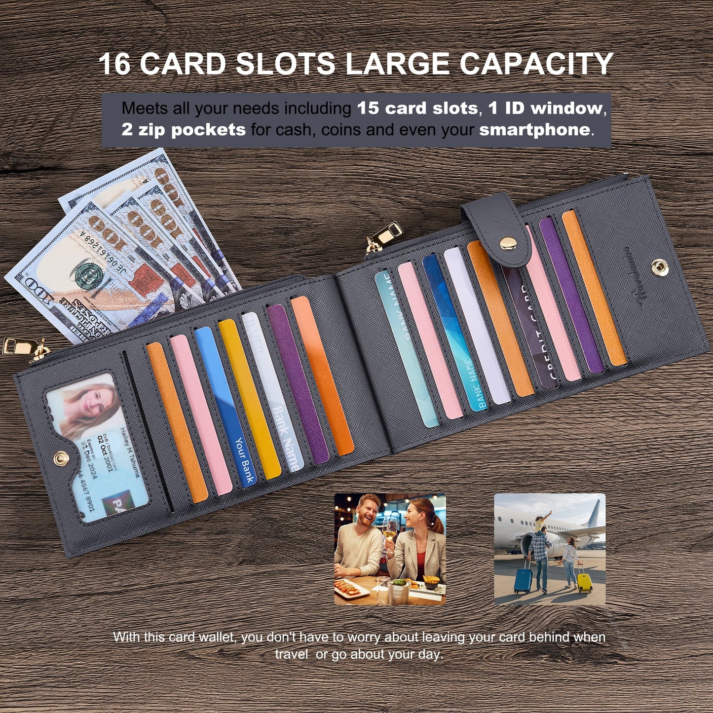Travelambo RFID Wallet Women Large Size Bifold Multi Card Wallet Case with Zipper Pocke Credit Card Holder for Women