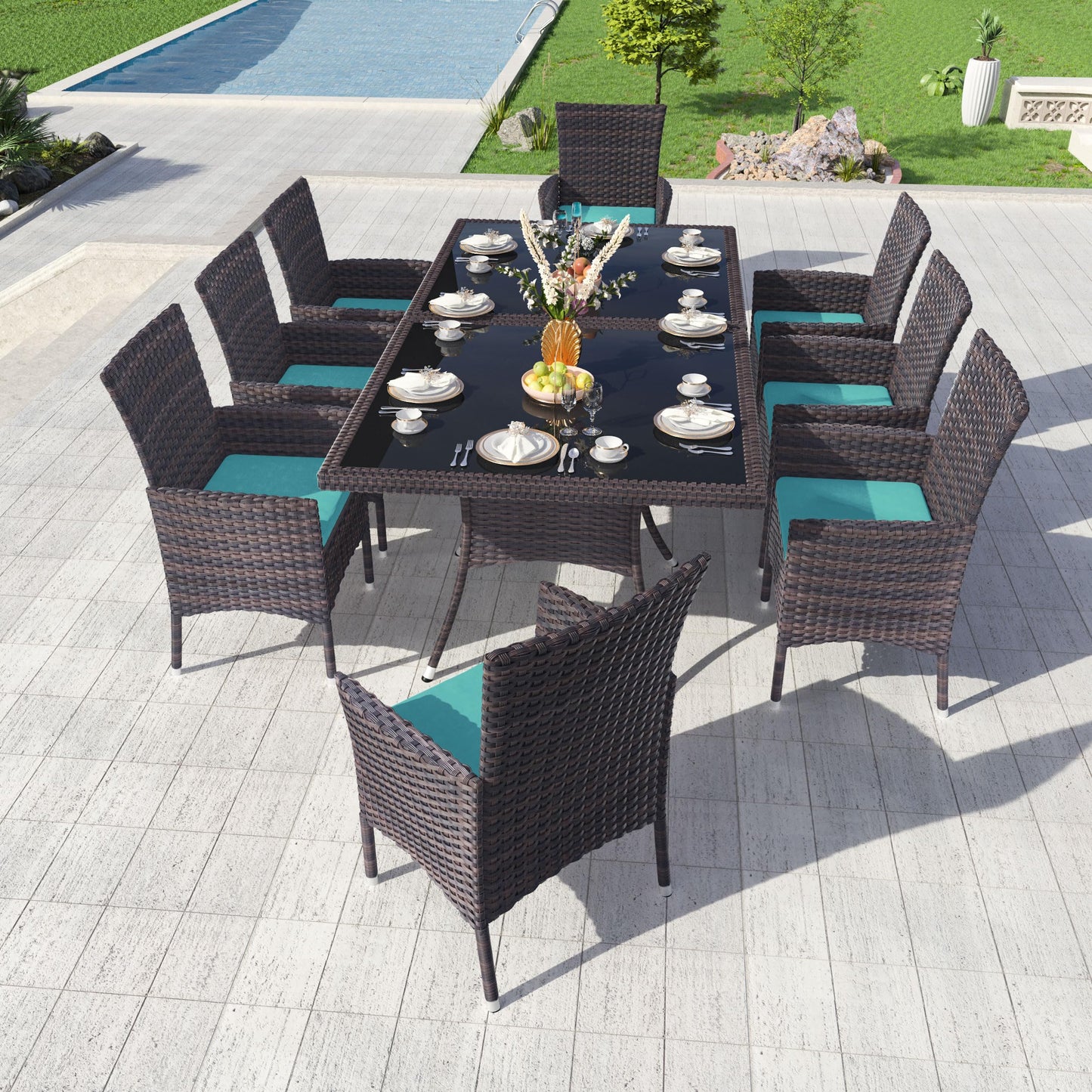 Kullavik 15-Piece Outdoor Dining Set Patio Rattan Furniture Set,Patio Dining Table and Chairs Set with 12 Chairs and Cushions,Square Glass Tabletop with Umbrella Hole for Patio,Backyard,Garden,Red