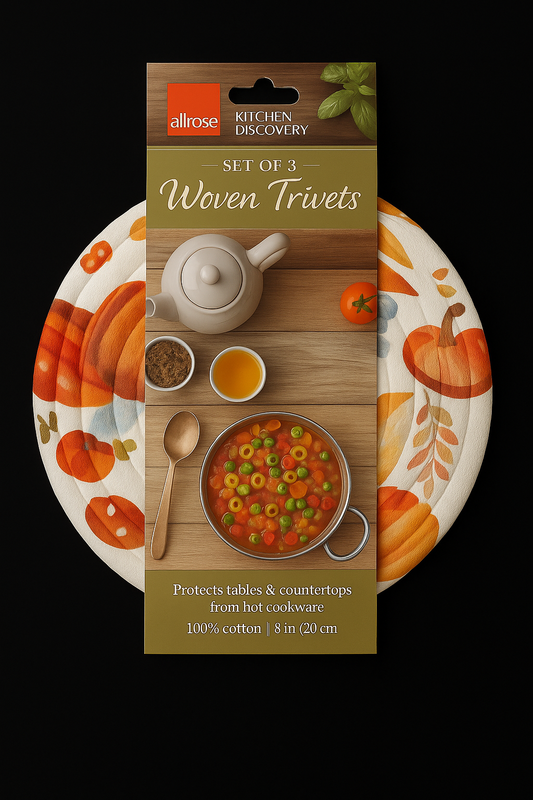 Autumn Harvest Cotton Trivet Set – 3 Pack (8” Round)