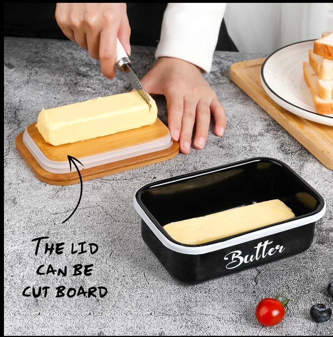 Butter Dish with Cutting Board Lid and Knife