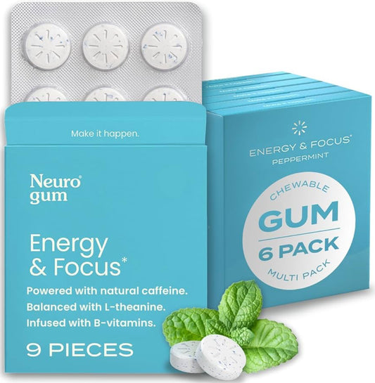 NeuroGum Energy Caffeine Gum (54 Pieces) - Sugar Free with L-theanine + Natural Caffeine + Vitamin B12 & B6 - Nootropic Energy & Focus Supplement for Women & Men - Keto & Vegan, Peppermint Flavor