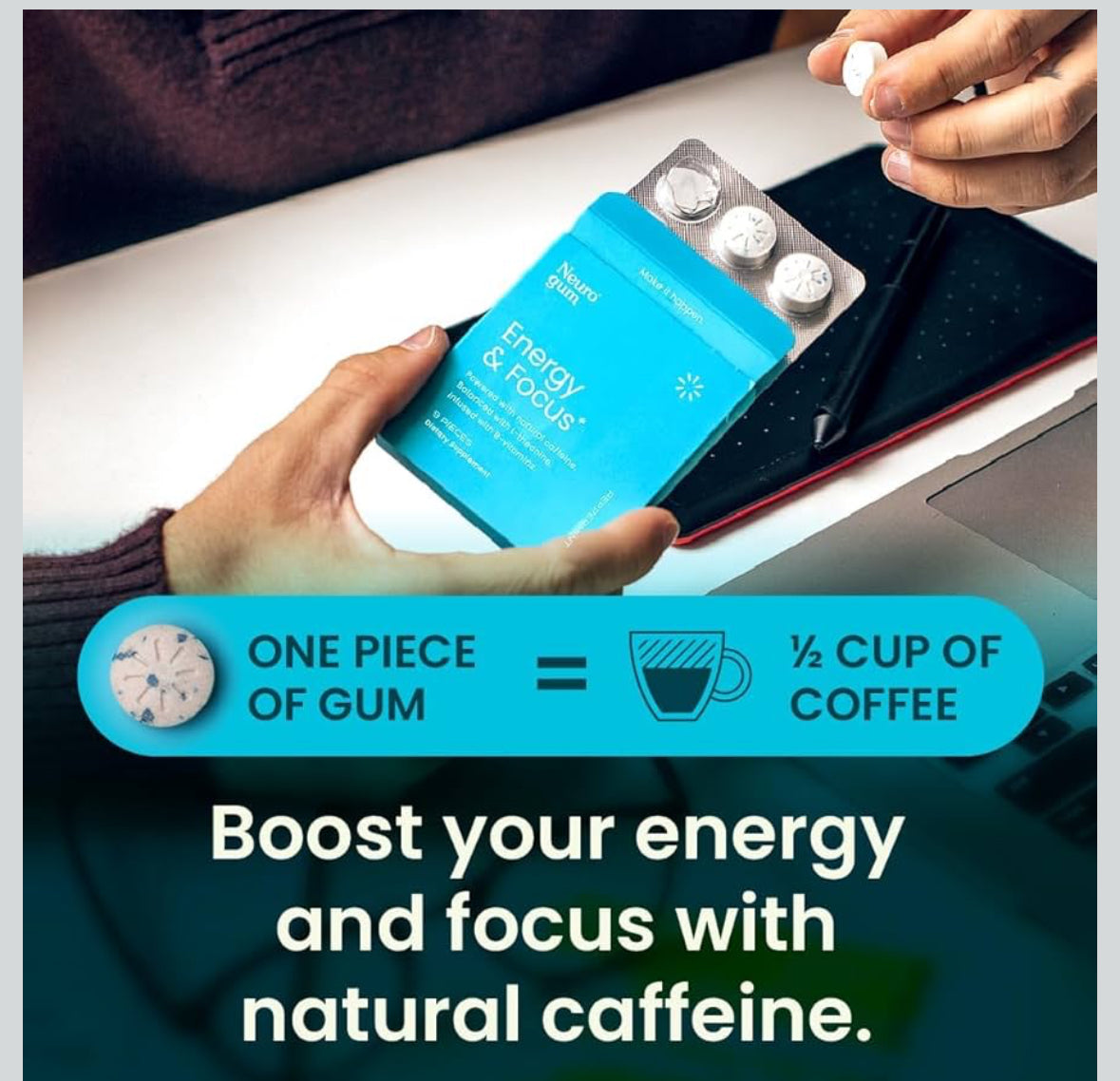 NeuroGum Energy Caffeine Gum (54 Pieces) - Sugar Free with L-theanine + Natural Caffeine + Vitamin B12 & B6 - Nootropic Energy & Focus Supplement for Women & Men - Keto & Vegan, Peppermint Flavor