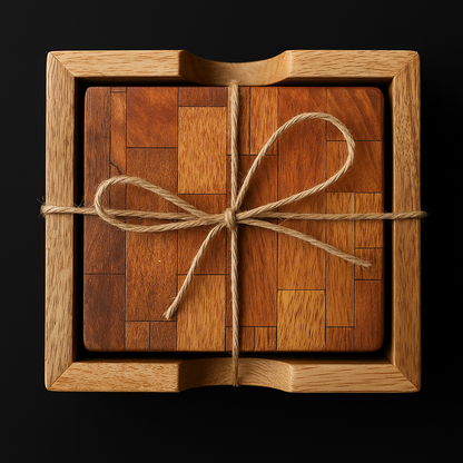 Artisan Wood Mosaic Coaster Set with Holder – Rustic Charm Meets Elegant Simplicity