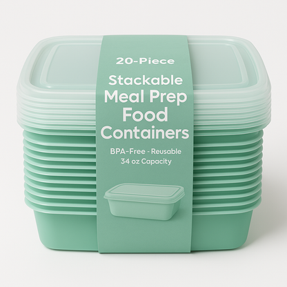 20-Piece Stackable Meal Prep Container Set – BPA-Free, Reusable, 34 oz Capacity