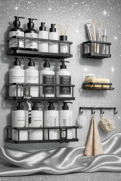 6-Pack Black Shower Caddy Set – Rustproof Bathroom Organizer with Soap Holder & 12 Hooks, No-Drill Wall Mount Storage.