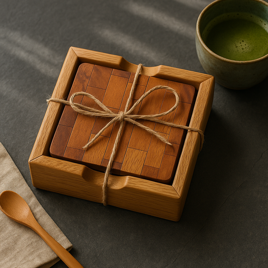 Artisan Wood Mosaic Coaster Set with Holder – Rustic Charm Meets Elegant Simplicity