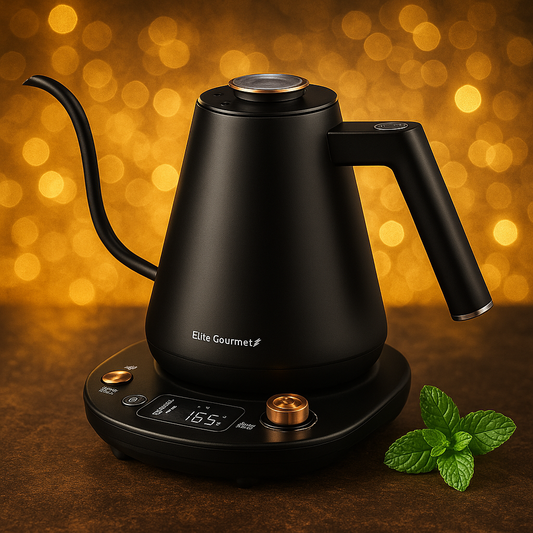 Elite Gourmet 1L Gooseneck Digital Kettle – 13 Temp Settings, Keep Warm, Cordless, Matte Black Copper