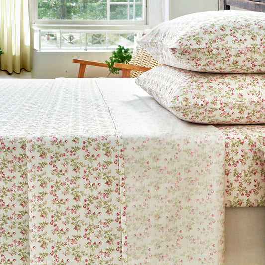 DaDa Bedding Romantic Coquette 100% Cotton Floral Sheet Set – Soft, Breathable, Deep Pocket, Wrinkle-Resistant